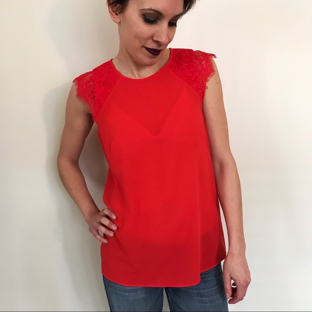 Red J. Crew Lace Trimmed Top